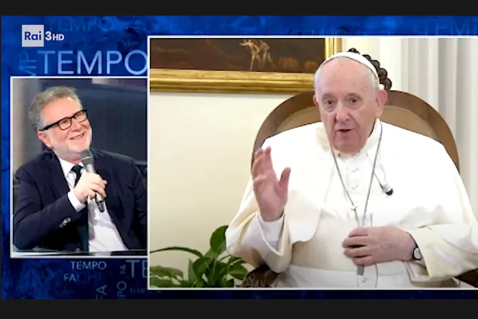 Pope Francis speaks in an interview with the Italian TV talk show Che Tempo Che Fa on Feb. 6, 2022.
