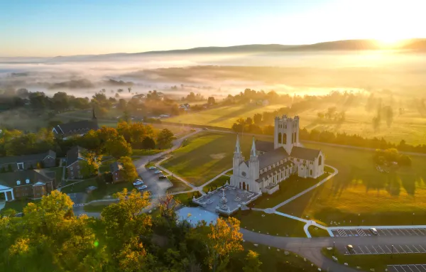 Drone shot of Christendom College’s Christ the King Chapel in Front Royal, Virginia. Credit: Photo courtesy of Christendom College