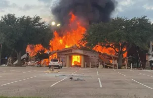 Queen of the Holy Rosary Catholic Church in Hostyn, Texas, is shown on fire on June 9, 2022. Fayette County Sheriff's Office