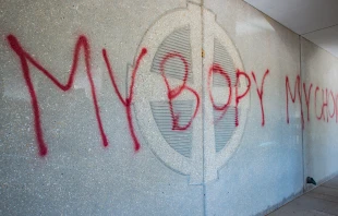 The words "My Body My Choice" appear on the Church of the Ascension in Overland Park, Kansas. Kathryn White/The Leaven