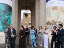 Vatican Dicastery for Communications prefect Paolo Ruffini and Vatican Secretary-General Sister Raffaella Petrini inaugurate the photographic exhibition titled “Changes” on May 7, 2024, in St. Peter’s Square at the Vatican.
