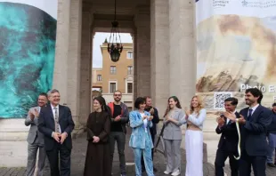 Vatican Dicastery for Communications prefect Paolo Ruffini and Vatican Secretary-General Sister Raffaella Petrini inaugurate the photographic exhibition titled “Changes” on May 7, 2024, in St. Peter’s Square at the Vatican. Credit: Elizabeth Alva/EWTN News
