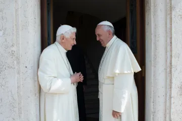 Pope Francis with Pope emeritus Benedict XVI at the Mater Ecclesiae Monastery in Vatican City on June 30, 2015.