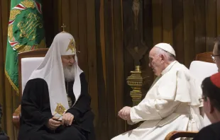 Pope Francis meets with Russian Orthodox Patriarch Kirill in Havana, Cuba. on Feb. 12, 2016. Vatican Media.