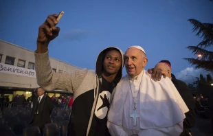 Pope Francis visits a reception center for asylum seekers in Castelnuovo di Porto, north of Rome, on March 24, 2016. Vatican Media.