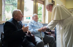 Pope Francis greets the elderly priest-residents of Casa San Gaetano in Rome on June 17, 2016. Vatican Media.