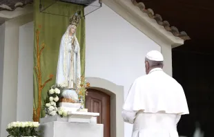 Pope Francis prays at the Sanctuary of Our Lady of Fatima in Portugal on May 12, 2017. Vatican Media.