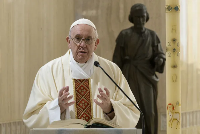 Pope Francis celebrates Mass in the chapel of the Casa Santa Marta on May 1, 2020, the Feast of St. Joseph the Worker.