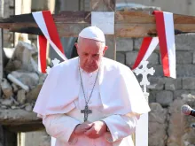 Pope Francis prays at Hosh al-Bieaa (Church square) in Mosul, Iraq, on March 7, 2021.