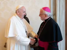 Pope Francis meets Msgr. Aldo Giordano, apostolic nuncio to the European Union, on June 17, 2021.
