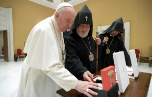 Pope Francis meets with Catholicos Karekin II, the leader of the Armenian Apostolic Church, on Oct. 16, 2021. Vatican Media.