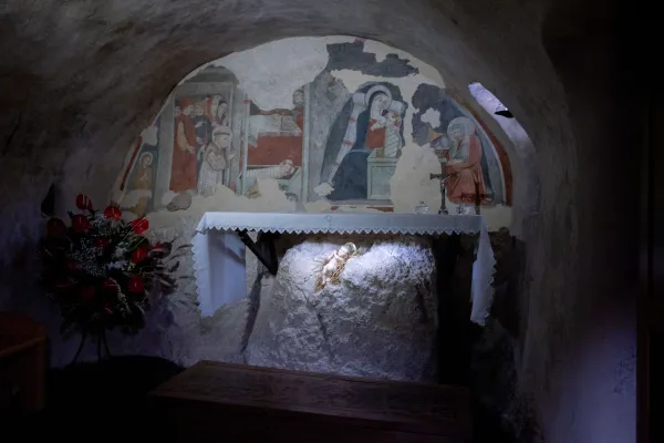 The cave where St. Francis of Assisi staged the first living Nativity scene in Greccio, Italy. Credit: Daniel Ibanez/CNA