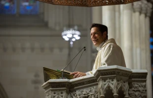 Father Mike Schmitz preaches the homily while celebrating Mass in St. Patrick’s Cathedral in New York City before a Eucharistic procession through the streets Oct. 10, 2023. Credit: Jeffrey Bruno