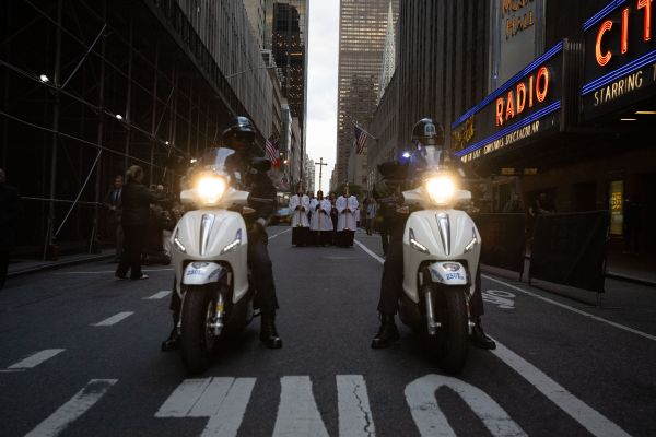 Police motorcycles clear the route during a Eucharistic procession on the streets of New York City on Oct. 10, 2023. Credit: Jeffrey Bruno