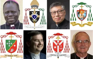 Archbishop Stephen Ameyu Martin Mulla of Juba and his episcopal coat of arms (top left); Bishop Stephen Chow of Hong Kong and his episcopal coat of arms (top right); Bishop Américo Aguiar of Setúbal, Portugal, and his coat of arms (bottom left); Archbishop Stephen Brislin of Cape Town and his coat of arms. Credit: ACI Africa; Archdiocese of Juba; Society of Jesus/Diocese of Hong Kong; Patriarchate of Lisbon; Archdiocese of Cape Town