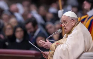 Pope Francis speaks at a Mass on the World Day of Consecrated Life, the feast of the Presentation of the Lord, on Feb. 2, 2024, in St. Peter's Basilica at the Vatican. Credit: Daniel Ibañez/CNA
