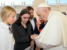 Pope Francis meets Kateryna Prokopenko and Yulya Fedosiuk in St. Peter’s Square on May 11, 2022.