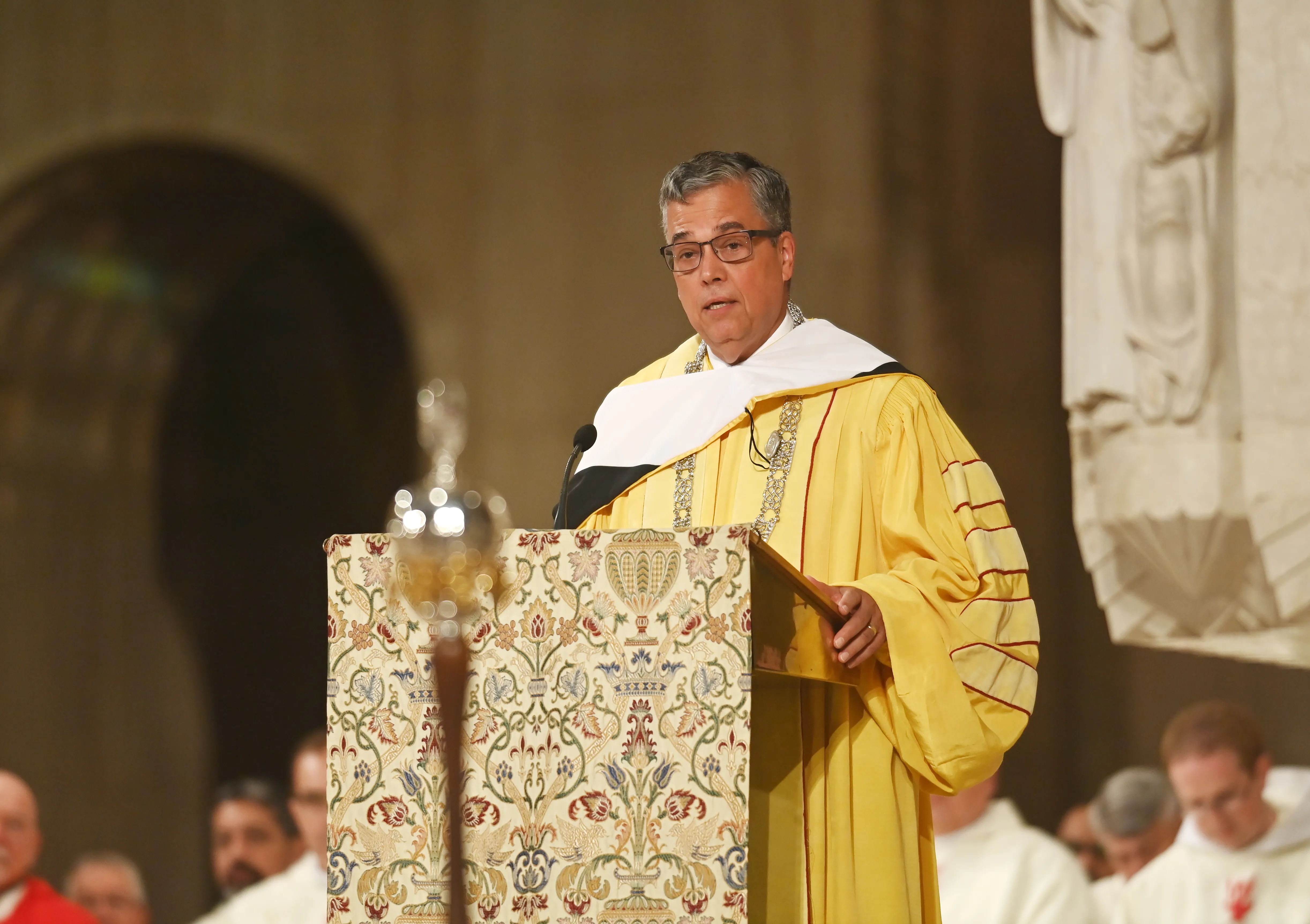 Peter Kilpatrick, the new president of The Catholic University of America, addresses students, staff, and faculty at the Mass of the Holy Spirit on Sept. 1, 2022, at the Basilica of the National Shrine of the Immaculate Conception in Washington, D.C.?w=200&h=150