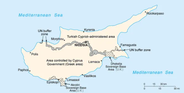 A map showing the division of Cyprus. CIA World Factbook / Wikimedia (CC0)