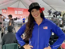 Cynthia Monteleone, shown at the "Our Bodies, Our Sports" rally in Washington, D.C., on June 23, 2022. The mother of three is a track coach, a Team USA World Masters track champion, and an advocate for the preservation of women’s sports.