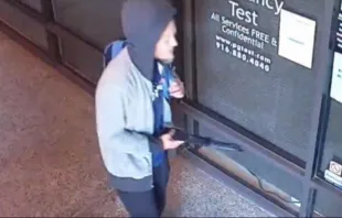 A man wielding a machete is shown in security footage outside Alternatives Pregnancy Center in Sacramento, California, at 8:15 a.m. on July 8, 2022. Credit: Courtesy of Alternatives Pregnancy Center