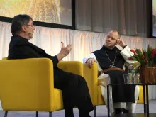 Monsignor Erik Varden (right), a Cistercian monk who is also the bishop of Trondheim, Norway, fielded questions about his book “The Shattering of Loneliness” from Archbishop Christophe Pierre, the apostolic nuncio to the United States, at this year's New York Encounter on Feb. 17–19, 2023.