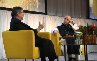 Monsignor Erik Varden (right), a Cistercian monk who is also the bishop of Trondheim, Norway, fielded questions about his book “The Shattering of Loneliness” from Archbishop Christophe Pierre, the apostolic nuncio to the United States, at this year's New York Encounter on Feb. 17–19, 2023. Credit: New York Encounter