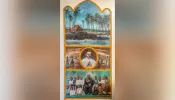 Painting of Father Damien De Veuster and images with lepers and his first church on Molokai Island, Hawaii, from Mary, Star of the Sea Catholic Church.