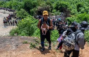 A migrant carries a baby in the Darien Province in Panama on Sept. 22, 2023. Hundreds of thousands of migrants have entered Panama through this jungle so far this year. Credit: Luis Acosta/AFP via Getty Images