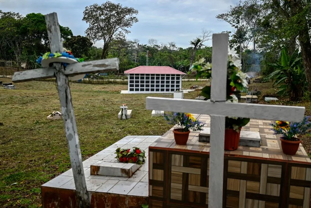 View of a pantheon built by the Red Cross to bury the bodies of irregular migrants at the Municipal Cemetery of El Real de Santa Maria, Darien Province, Panama, on March 8, 2023, on the eve of its delivery to Panamanian authorities. The Red Cross constructed the hundred niches pantheon to bury the bodies of irregular migrants who die during their journey through the inhospitable Darien jungle in search of the American dream.?w=200&h=150