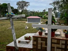 View of a pantheon built by the Red Cross to bury the bodies of irregular migrants at the Municipal Cemetery of El Real de Santa Maria, Darien Province, Panama, on March 8, 2023, on the eve of its delivery to Panamanian authorities. The Red Cross constructed the hundred niches pantheon to bury the bodies of irregular migrants who die during their journey through the inhospitable Darien jungle in search of the American dream.