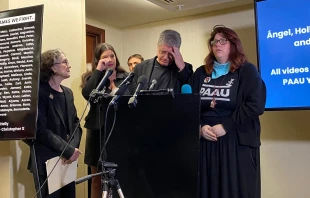 Randall Terry (at podium), spokesman for the Progressive Anti-Abortion Uprising, and other members of the pro-life group react to video images and photos of what the group says are the remains of 115 aborted babies it claims to have obtained from the disposed biohazard waste of an abortion clinic in Washington, D.C. The group held a press conference on April 5, 2022, in Washington, D.C. Katie Yoder/CNA
