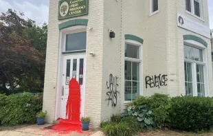 Photos of the June 3 vandalism show a splash of red paint covering the Capitol Hill Pregnancy Center’s white door. On the brick outer building, the words “Jane says revenge” are written in black spray paint. Mary Margaret Olohan, reporter for The Daily Wire