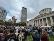 Crowds gather for the Ohio March for Life outside the Ohio State Capitol in Columbus on Friday, Oct. 6, 2023.