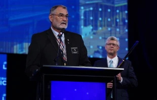 Deacon Bob Young, representing Knights of Columbus Council 694, accepts the First Liberty Institute's Philip B. Onderdonk Jr. Religious Liberty Award award at the American Legion’s National Convention in New Orleans on Aug. 28, 2024. Credit: Jeric Wilhelmsen/The American Legion