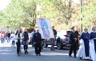 Marchers walk along with an image of Our Lady of Guadalupe during a pro-life Eucharistic Procession Oct. 2, 2021 in Denver. CNA