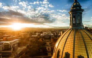 Aerial/Drone photograph of a sunset over the Colorado state capital building. Capital city of Denver. Shutterstock