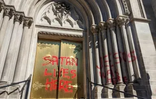 Vandalism on a door of the Cathedral Basilica of the Immaculate Conception in Denver, Colo., Oct. 10, 2021. Photo courtesy of Fr. Samuel Morehead.