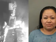 Virginia Roque-Fermin is charged with one felony count of arson in connection with starting a fire that caused tens of thousands of dollars in damages to The Shrine of Our Lady of Guadalupe in Des Plaines, Illinois, May 23, 2023.