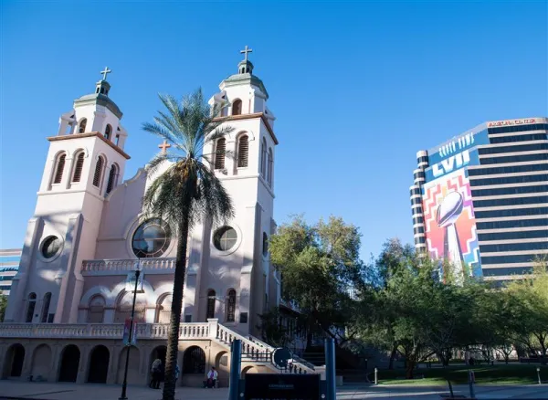 The Diocese of Phoenix is offering the sacraments and free sacramentals — as well as information on Sunday Mass times and locations — to pedestrians in the city on the days leading up to the NFL Super Bowl, which is Sunday, Feb. 12, 2023, in Glendale, Arizona. Credit: Diocese of Phoenix