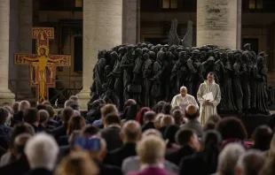 Pope Francis prayed for migrants and refugees with the delegates of the Synod on Synodality at St. Peter's Square on Thursday evening, Oct. 19, 2023. Credit: Daniel Ibáñez/EWTN/Vatican Pool