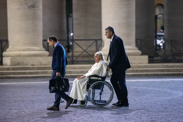The pope arrived by wheelchair at the prayer service at St. Peter’s Square. Credit: Daniel Ibáñez/EWTN/Vatican Pool