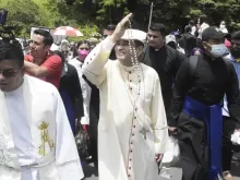 Bishop Rolando Álvarez of Matagalpa walks with other pilgrims to the Shrine of the Divine Child in July 2022.