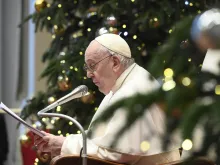 Pope Francis addresses international diplomats to the Holy See on Jan. 9, 2023, in the Vatican's Blessing Hall.