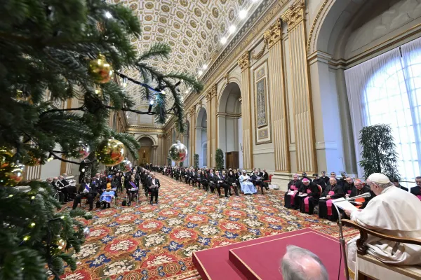 Pope Francis addresses diplomats to the Holy See in the Blessing Hall at the Vatican on Jan. 9, 2023. Vatican Media