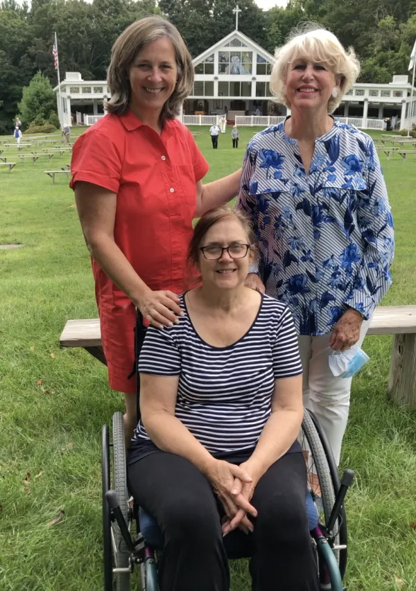 Mary Makuc (center), Eileen Fitzgibbons (right), and Karen Dascenzo (left) visited the National Shrine of the Divine Mercy in Stockbridge, Massachusetts, in 2021. Courtesy of Mary Makuc