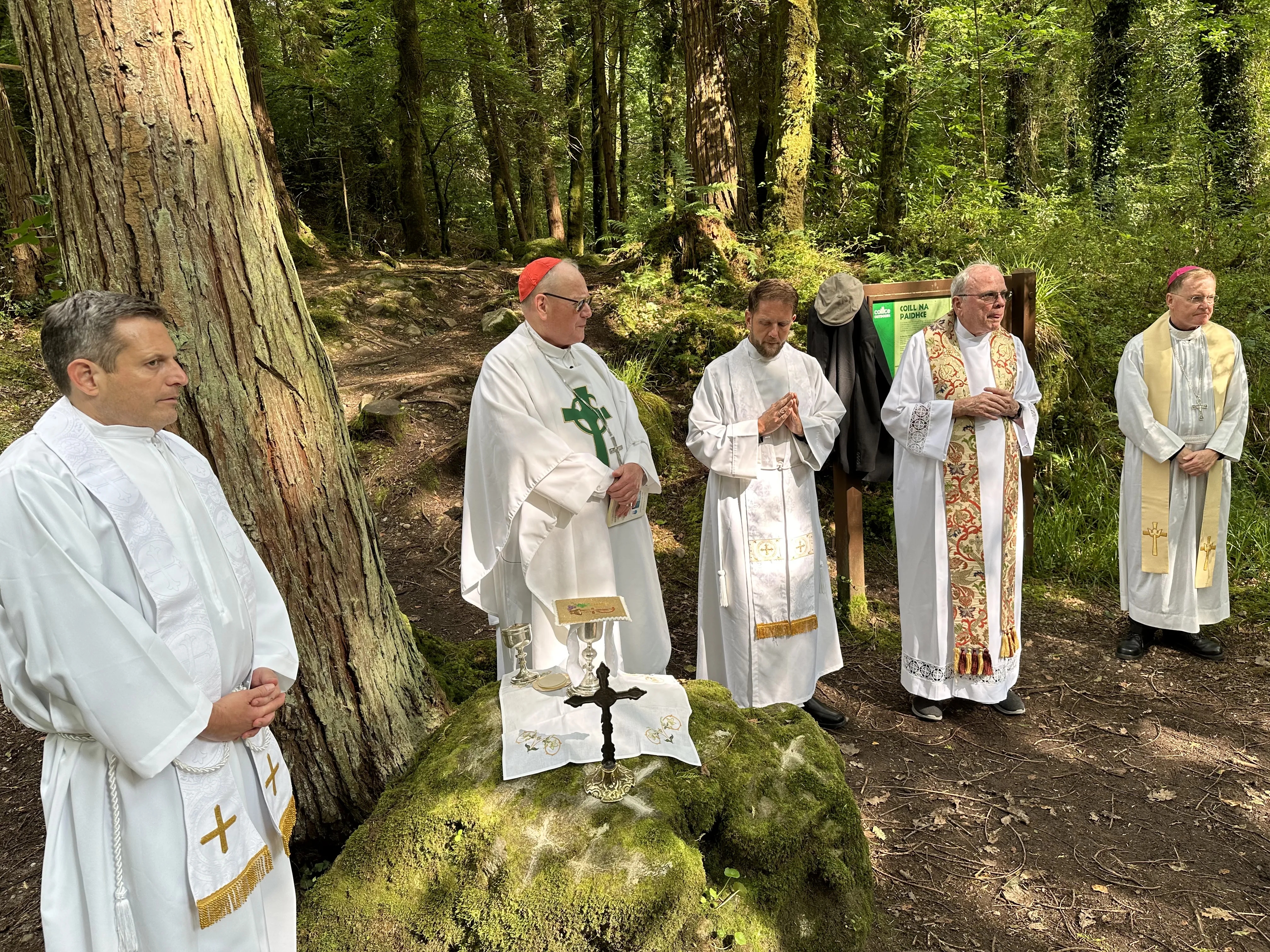 Irish-American Cardinal Timothy Dolan of New York celebrated Mass at a “Mass rock” in Killarney, County Kerry, Ireland, during a pilgrimage with roughly 40 people from the Archdiocese of New York on Aug. 21, 2023. Pictured left to right: Father Enrique Salvo, Cardinal Dolan, Father Stephen Ries, Monsignor Dennis Keane, Bishop Edmund Whalen, all from the New York Archdiocese.?w=200&h=150
