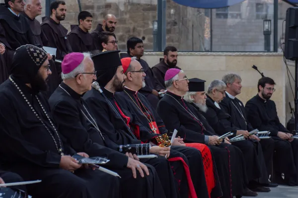 Cardinal Pierbattista Pizzaballa, Latin patriarch of Jerusalem (in red), and representatives from all the Christian churches in Jerusalem gathered together on Nov. 9, 2023, for a prayer vigil for peace. Credit: Marinella Bandini
