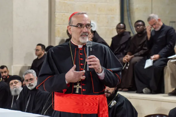 Cardinal Pierbattista Pizzaballa shared some thoughts with those present at the prayer vigil for peace celebrated on Nov. 9, 2023, at the Terra Sancta High School in Jerusalem. Credit: Marinella Bandini