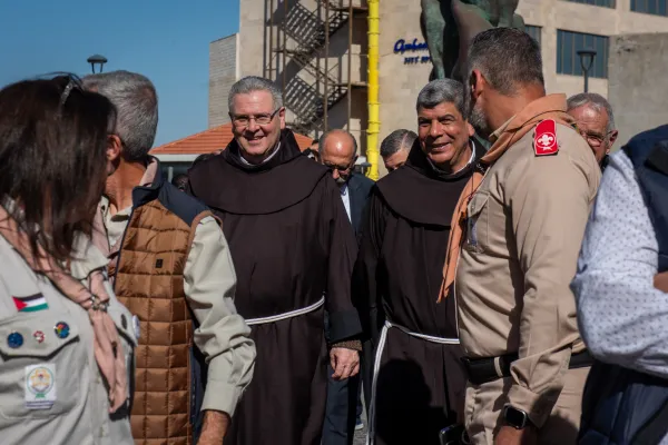 The custos and the Franciscan friars were welcomed by the scouts troops at the beginning of Star Street, winding through the heart of Bethlehem, on Saturday, Dec. 2, 2023. Credit: Marinella Bandini